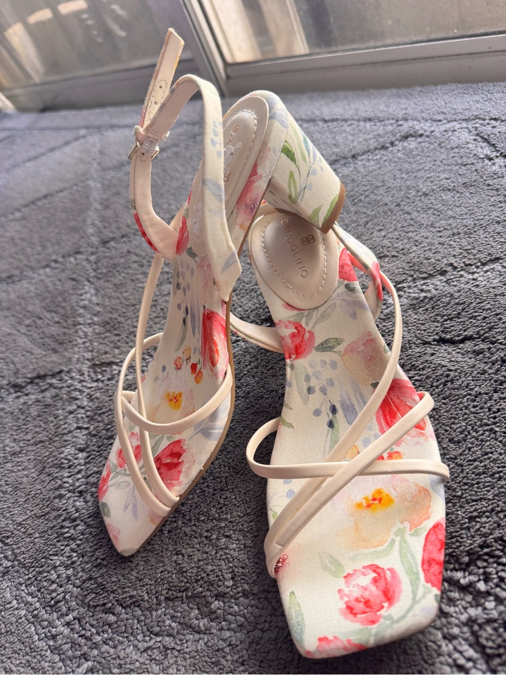 Bandolino Cream Floral Strappy Square-Toe Heels